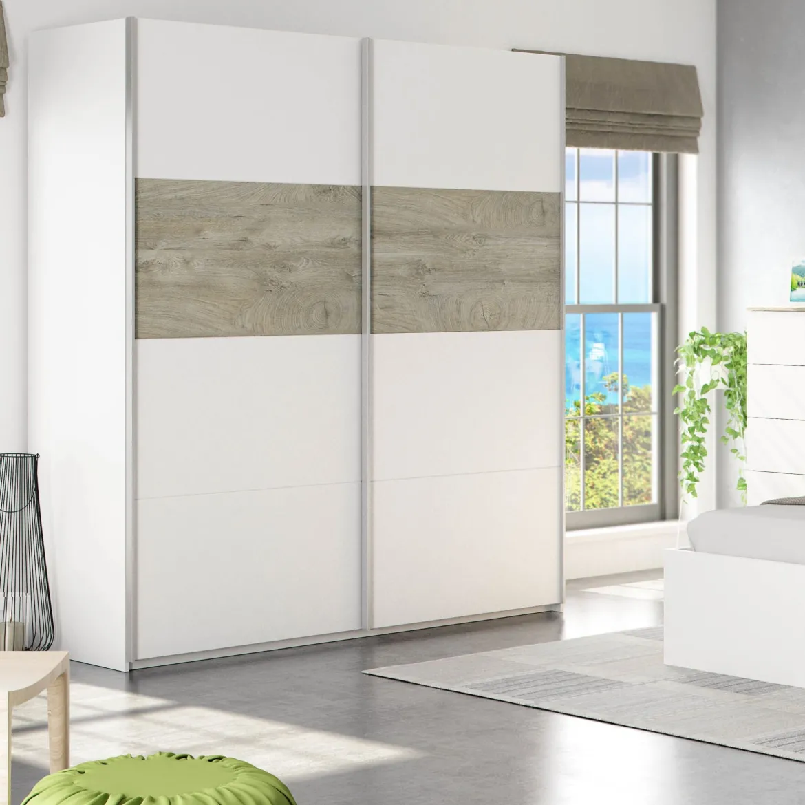 Armoire avec 2 portes coulissantes - Coloris blanc et chêne - AR81002