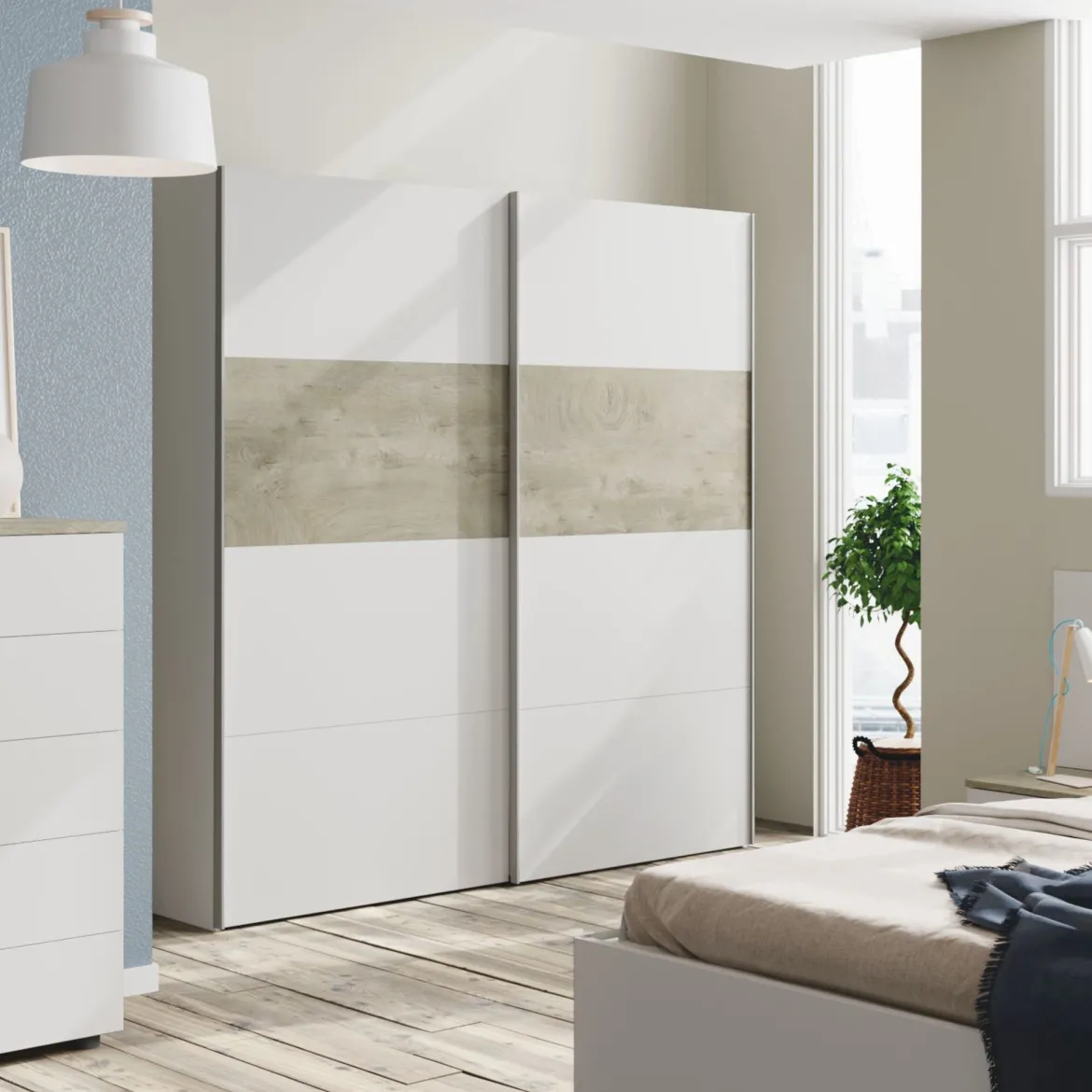 Armoire avec 2 portes coulissantes - Coloris blanc et chêne - AR81002