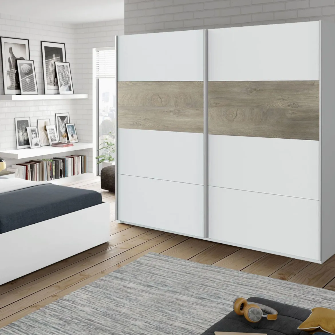Armoire avec 2 portes coulissantes - Coloris blanc et chêne - AR81002