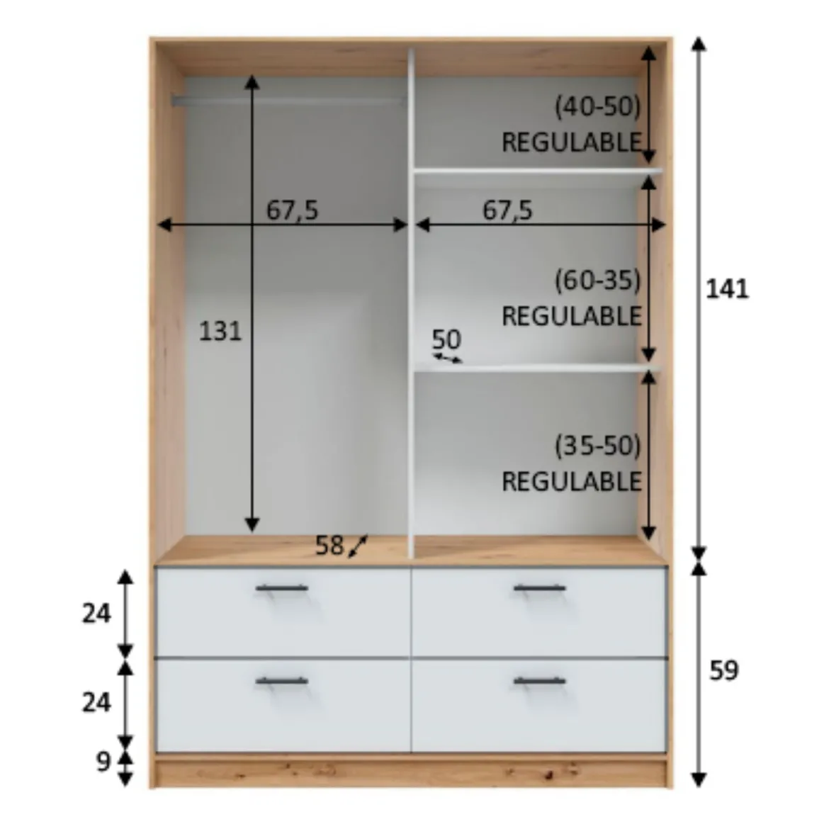 Armoire avec étagères et tiroirs blanc et chêne
