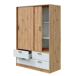Armoire avec étagères et tiroirs blanc et chêne