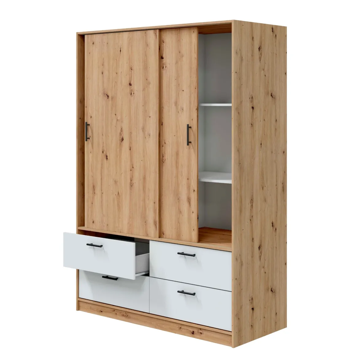 Armoire avec étagères et tiroirs blanc et chêne