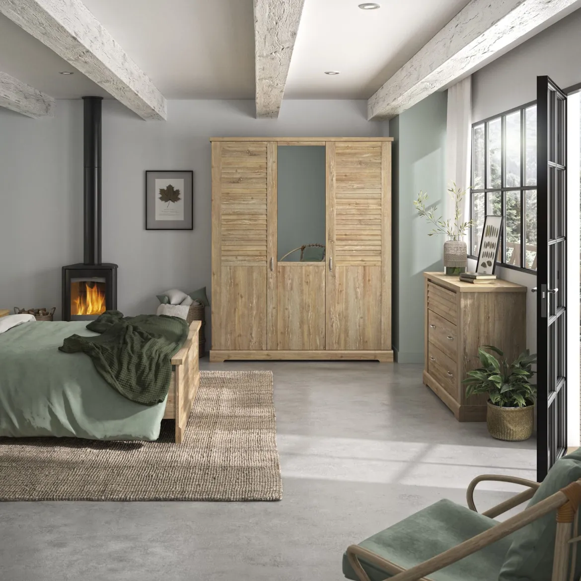 Armoire en bois clair 3 portes avec miroir - AR5070