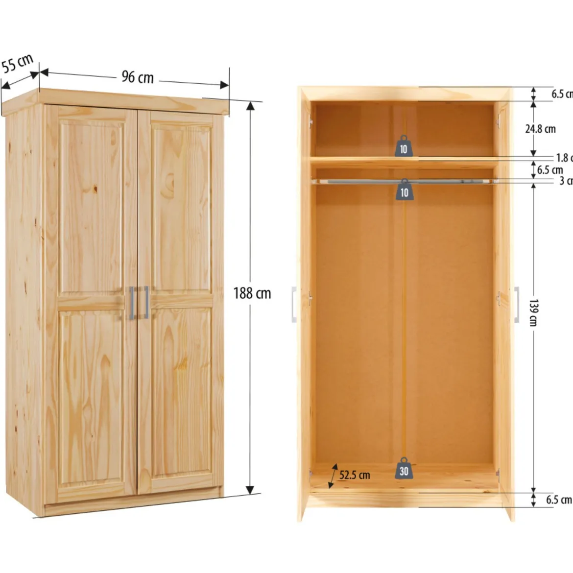 Armoire 2 portes en bois massif chêne clair - AR12019