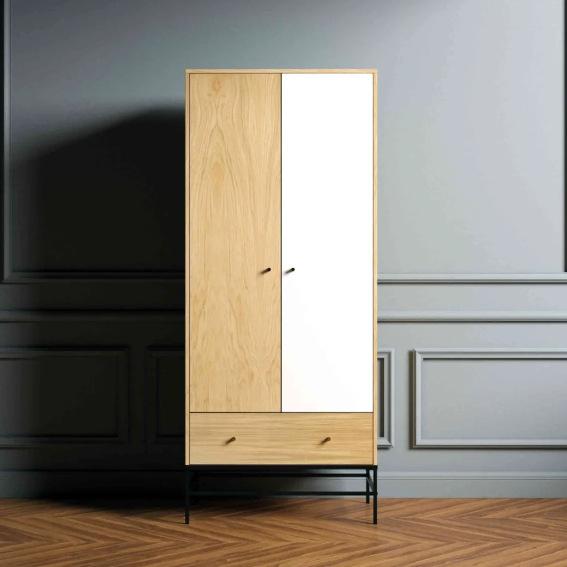 Armoire 2 portes 1 tiroir en bois avec pieds en acier - BI0046
