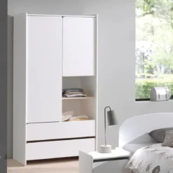 Armoire 2 portes 2 tiroirs blanc laqué - Terre de Nuit