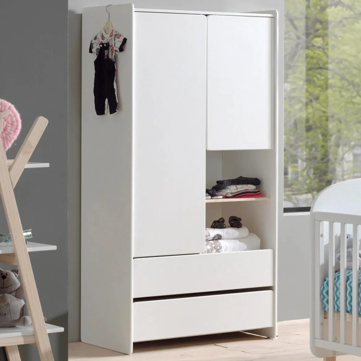Armoire 2 portes 2 tiroirs blanc laqué - Terre de Nuit