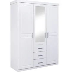Armoire 3 portes 3 tiroirs en bois massif avec miroir - AR12045