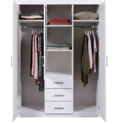 Armoire 3 portes 3 tiroirs en bois massif avec miroir - AR12045