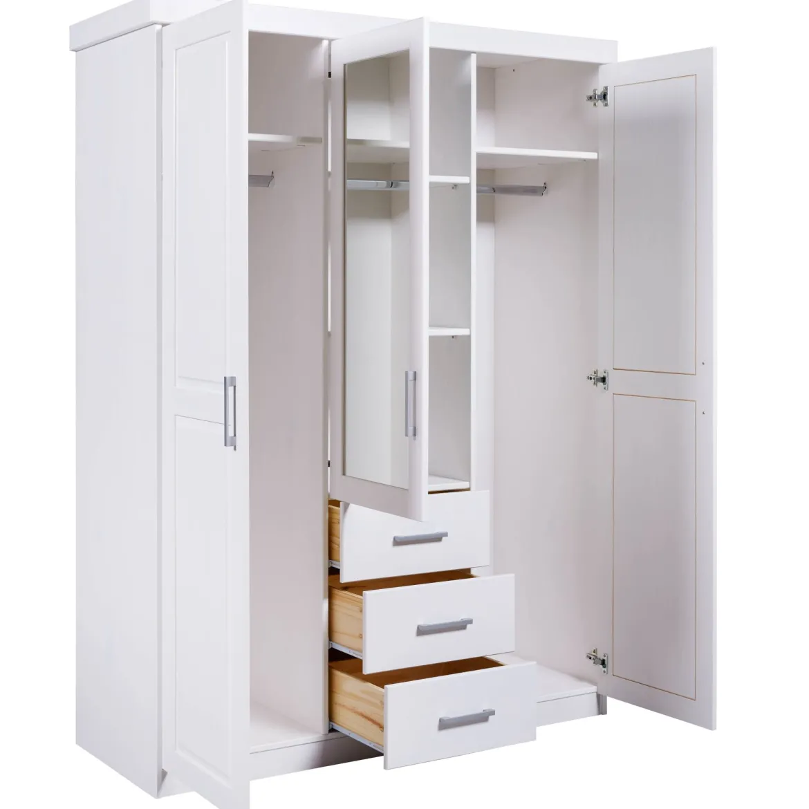 Armoire 3 portes 3 tiroirs en bois massif avec miroir - AR12045
