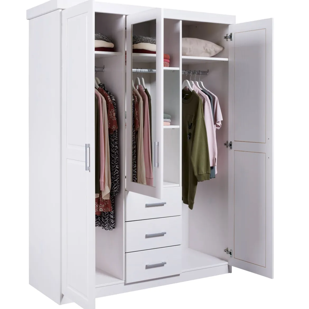 Armoire 3 portes 3 tiroirs en bois massif avec miroir - AR12045