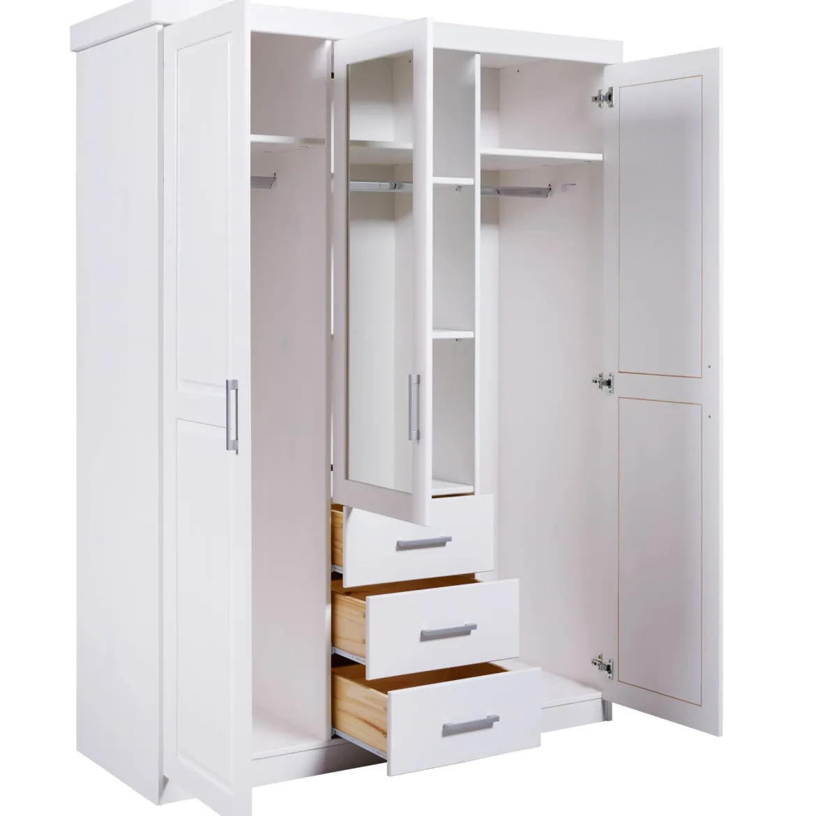 Armoire 3 portes 3 tiroirs en bois massif avec miroir - AR12045