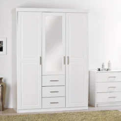Armoire 3 portes 3 tiroirs en bois massif avec miroir - AR12045