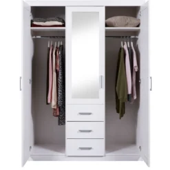 Armoire 3 portes 3 tiroirs en bois massif avec miroir - AR12045