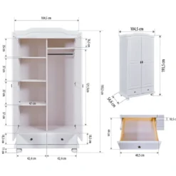 Armoire 2 portes 2 tiroirs en bois massif blanc laqué - AR12022