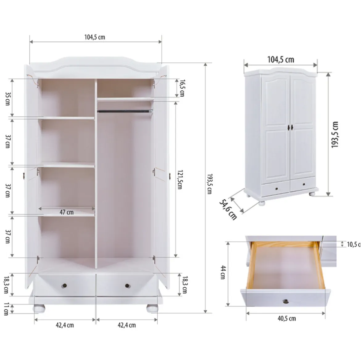 Armoire 2 portes 2 tiroirs en bois massif blanc laqué - AR12022