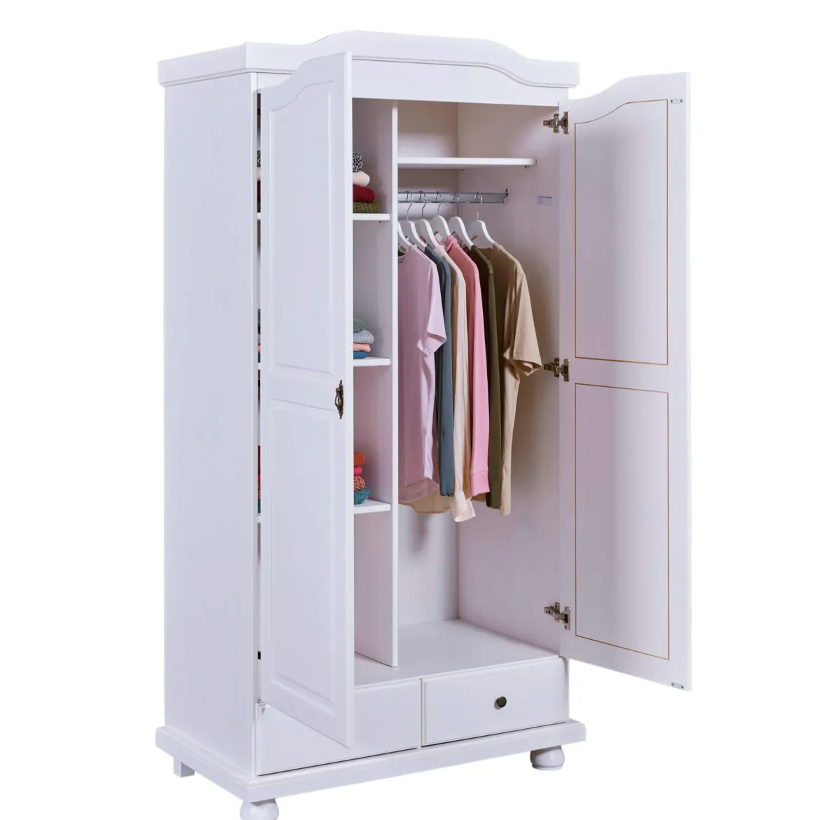 Armoire 2 portes 2 tiroirs en bois massif blanc laqué - AR12022