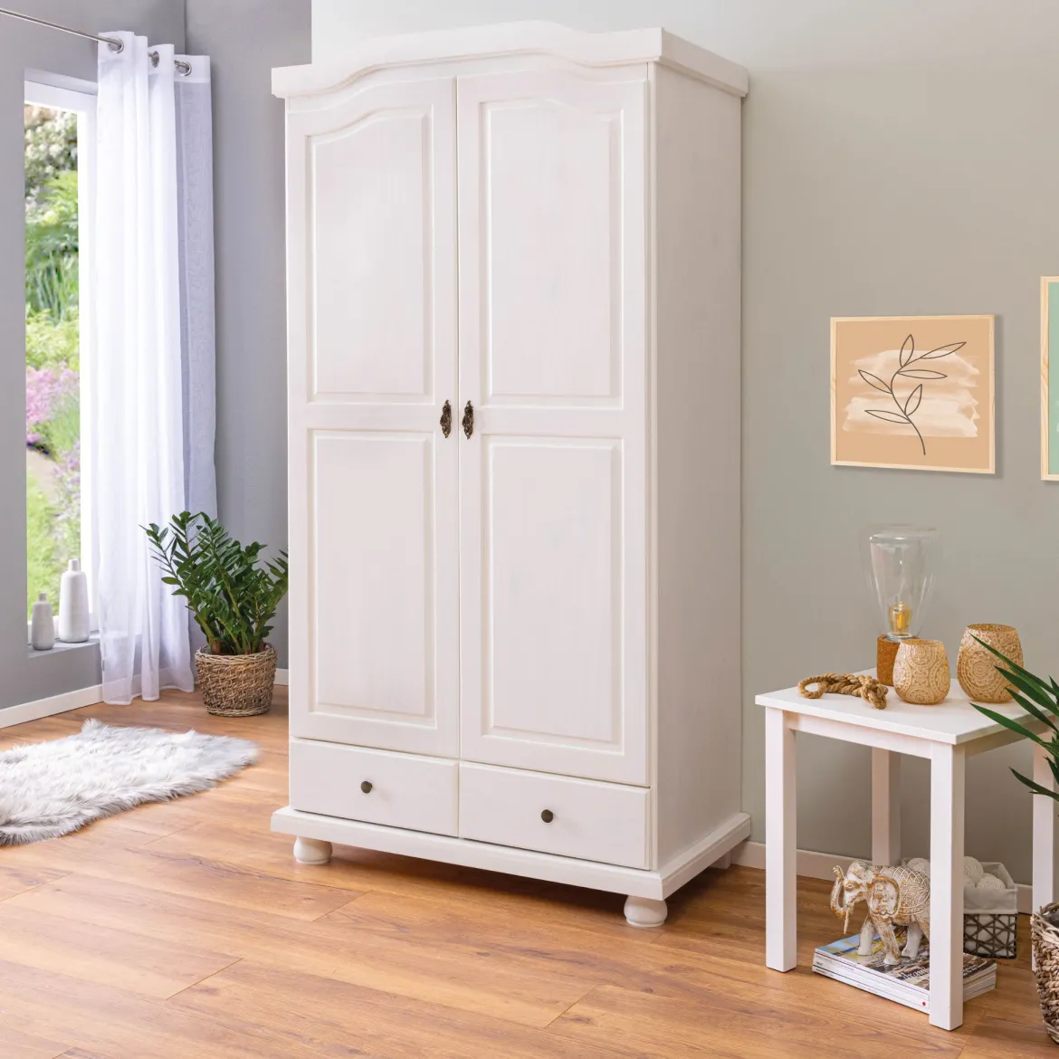Armoire 2 portes 2 tiroirs en bois massif blanc laqué - AR12022