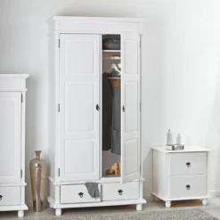 Armoire 2 portes 2 tiroirs en bois massif blanc - AR12049