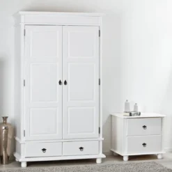 Armoire 2 portes 2 tiroirs en bois massif blanc - AR12049