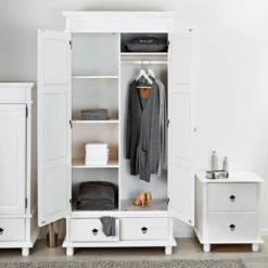 Armoire 2 portes 2 tiroirs en bois massif blanc - AR12049