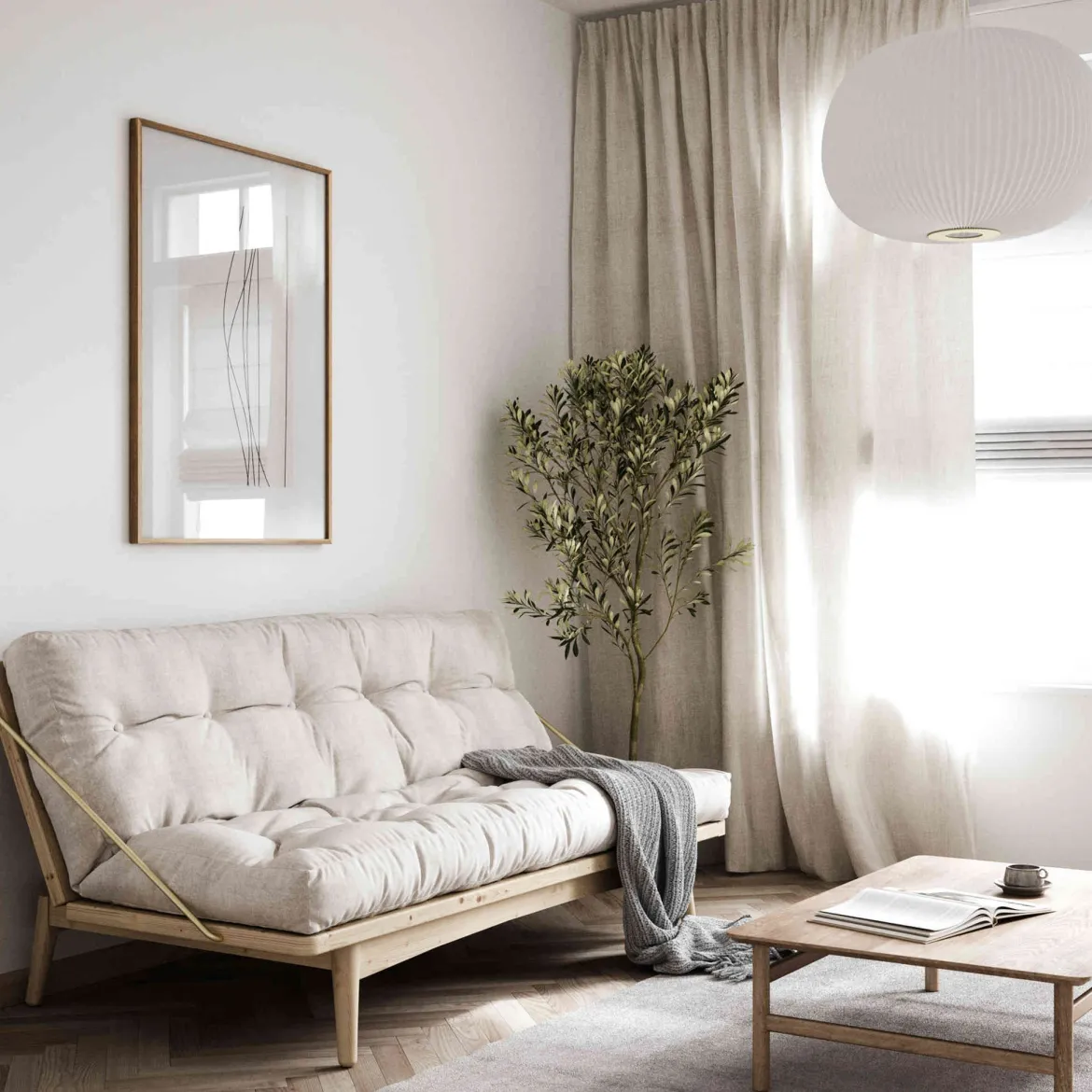 Banquette ajustable FOLK en pin massif naturel avec matelas futon en velours côtelé 130x190