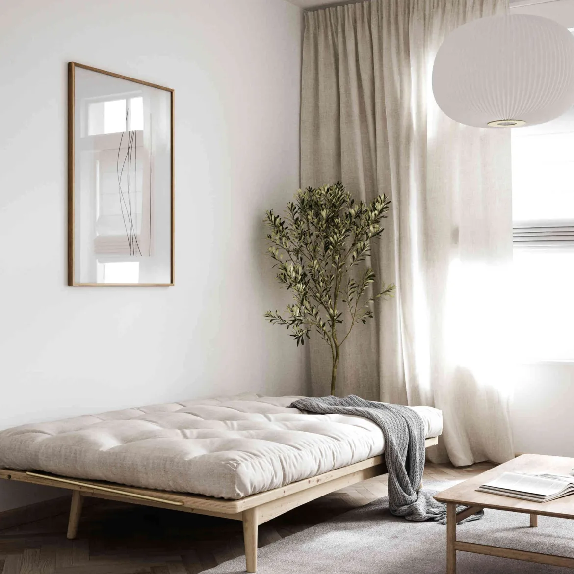 Banquette ajustable FOLK en pin massif naturel avec matelas futon en velours côtelé 130x190