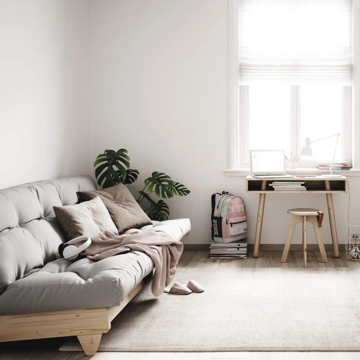 Banquette ajustable FRESH en pin massif naturel avec matelas futon 140x200