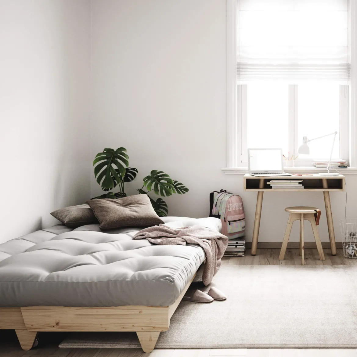 Banquette ajustable FRESH en pin massif naturel avec matelas futon 140x200