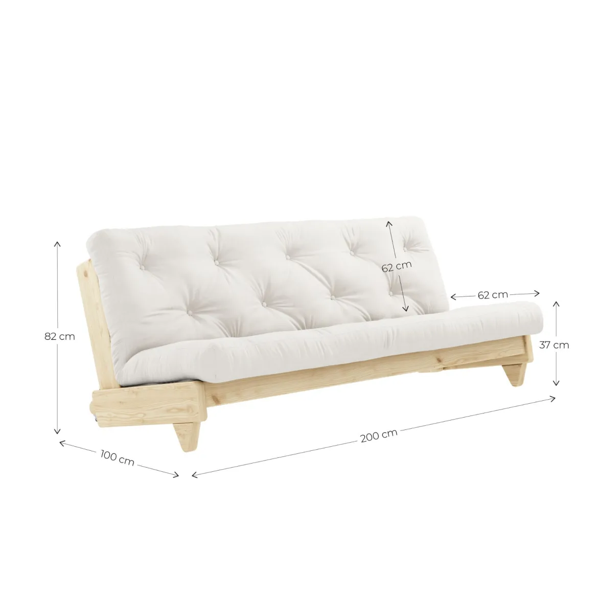 Banquette ajustable FRESH en pin massif naturel avec matelas futon 140x200