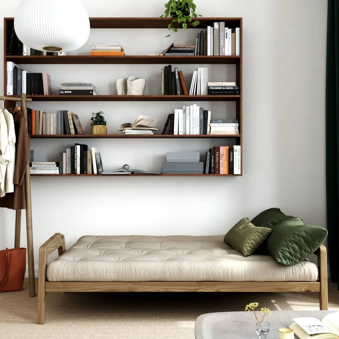 Banquette ajustable GRAB en pin massif foncé avec matelas futon 130x190
