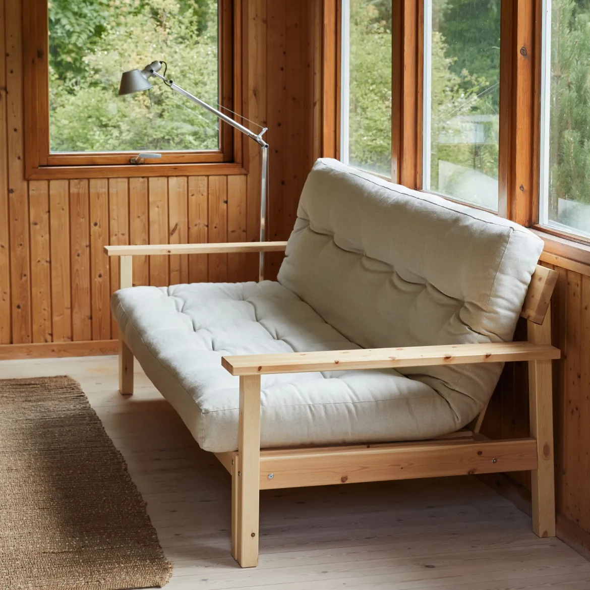 Banquette UNWIND en pin massif naturel avec matelas futon 130x190