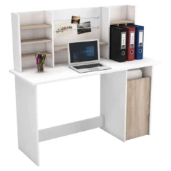 Bureau avec caisson en bois blanc et imitation chêne - BU181