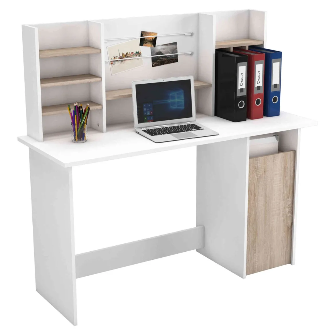 Bureau avec caisson en bois blanc et imitation chêne - BU181