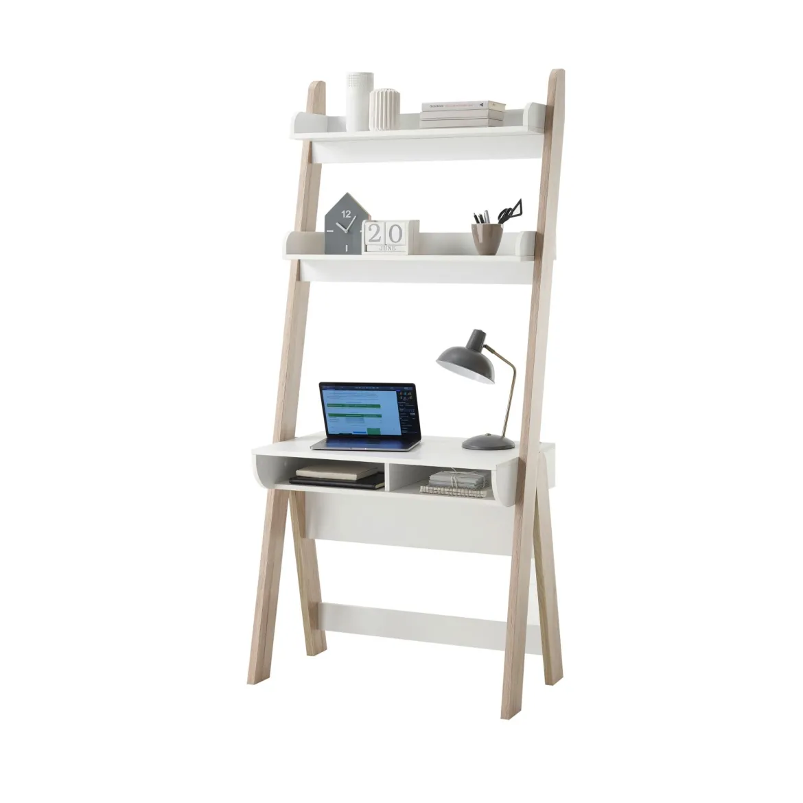 Bureau avec 2 étagères et 2 niches en MDF chêne clair et blanc - BU16022