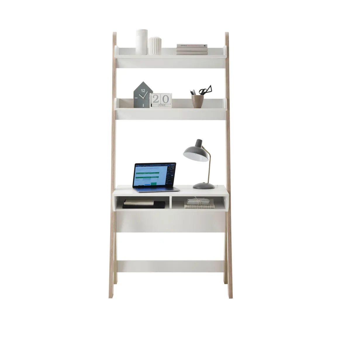 Bureau avec 2 étagères et 2 niches en MDF chêne clair et blanc - BU16022