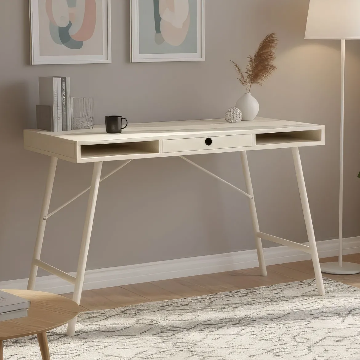 Bureau bois et métal beige avec tiroir et niches