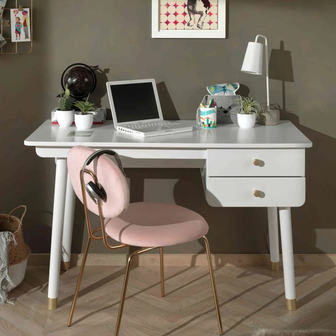 Bureau enfant 2 tiroirs en bois blanc - BU2035