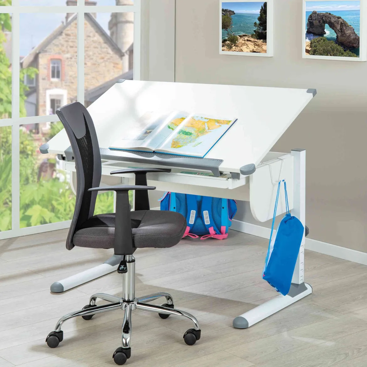 Bureau enfant évolutif à plan inclinable en bois blanc - BU12064