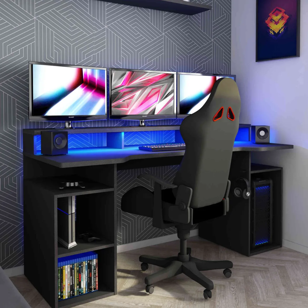 Bureau gaming avec niches en bois anthracite - BU9033