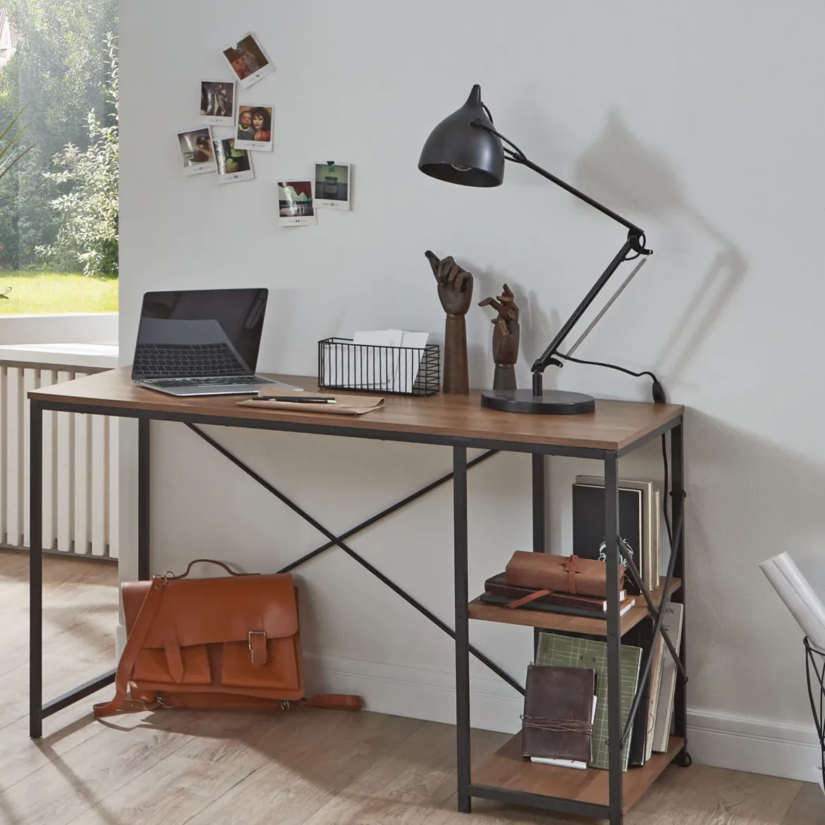 Bureau 2 niches en bois foncé et en métal noir laqué - BU15050