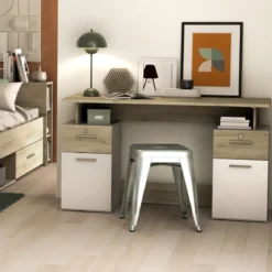Bureau 2 portes et 2 tiroirs coloris chêne clair et blanc - BU223