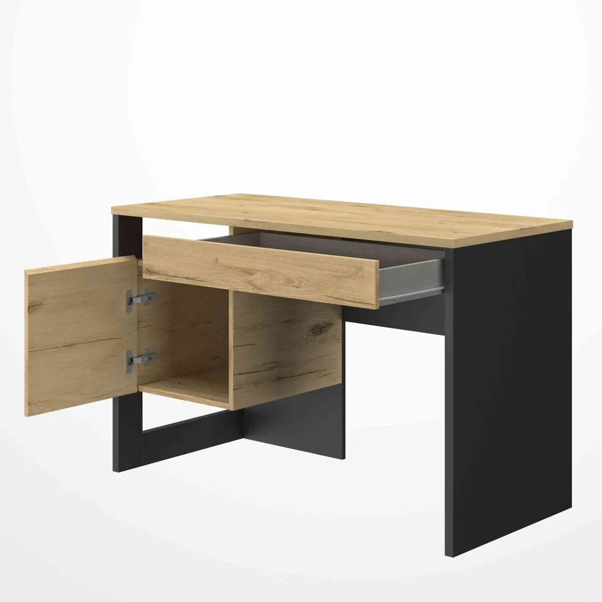 Bureau 1 porte 1 tiroir en bois imitation chêne naturel et noir - BU5057