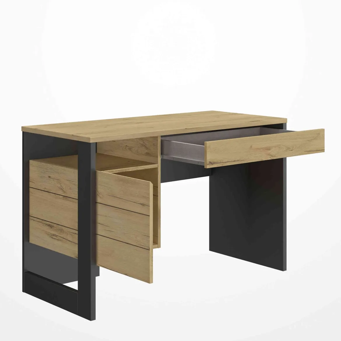 Bureau 1 porte 1 tiroir en bois imitation chêne naturel et noir - BU5057