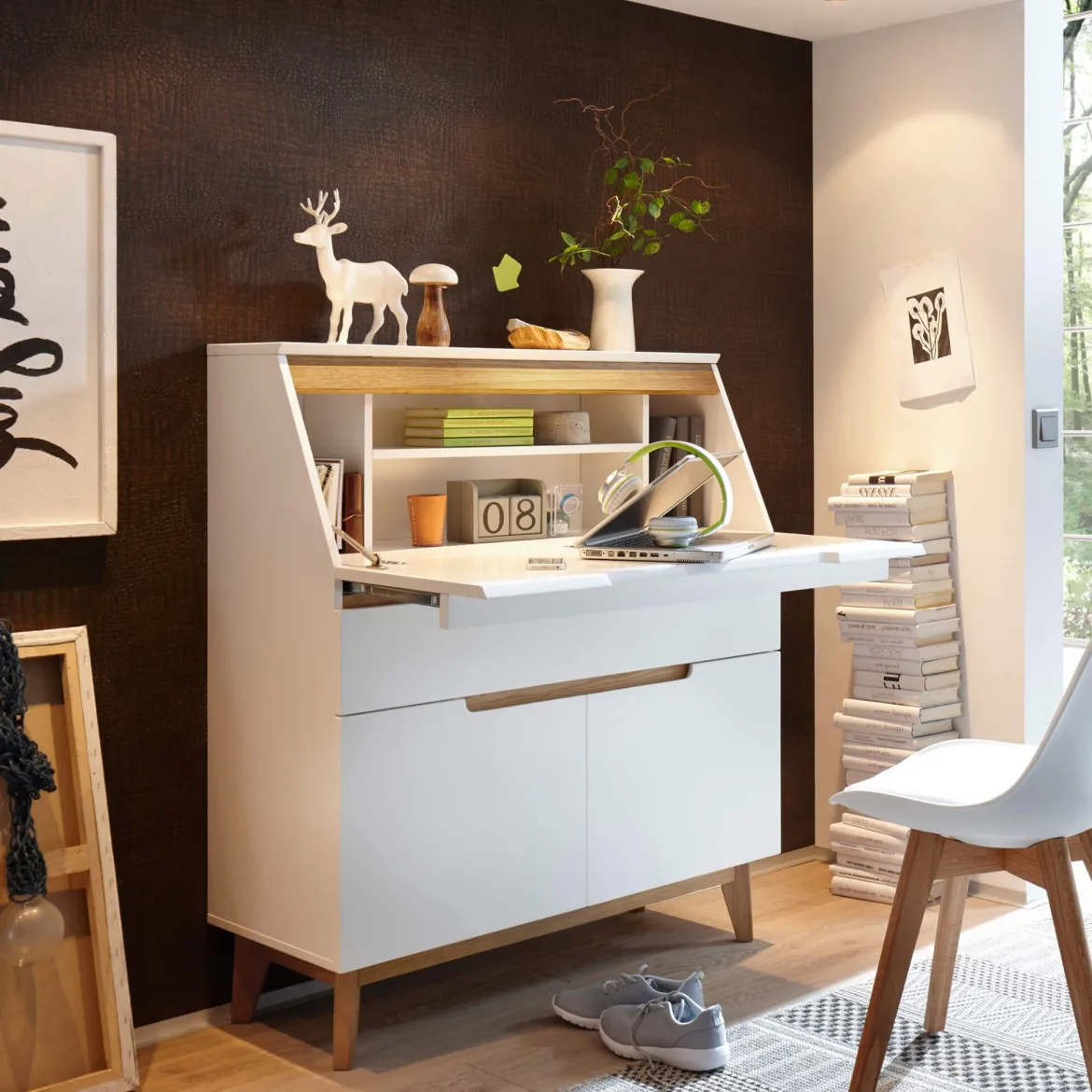 Bureau secrétaire en bois blanc laqué et chêne clair - BU16001