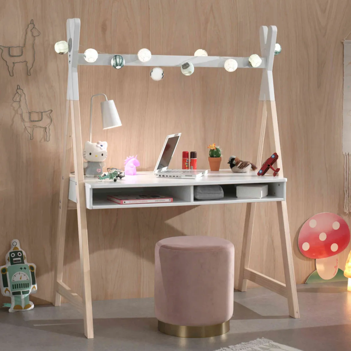 Bureau tipi enfant 2 niches en bois blanc - BU2034