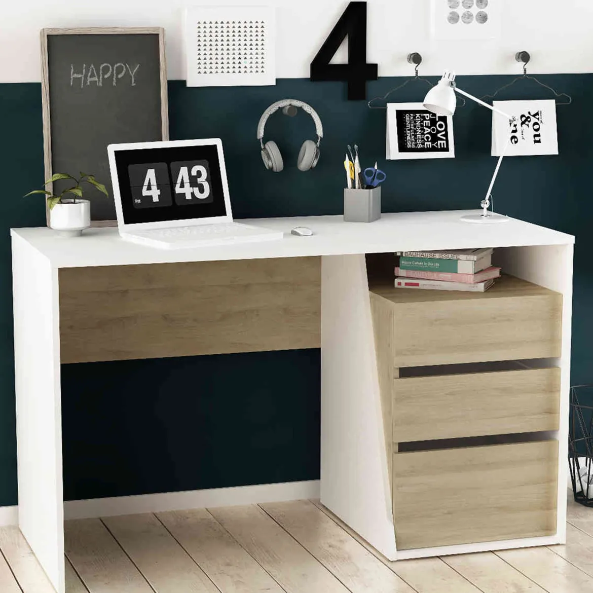 Bureau 3 tiroirs en bois blanc et chêne kronberg - BU152