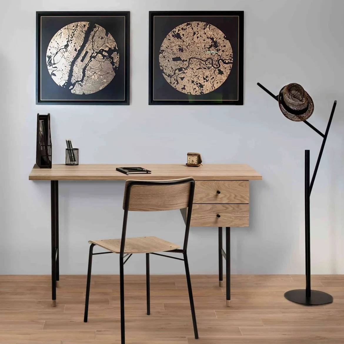 Bureau 2 tiroirs en bois imitation chêne - BU008