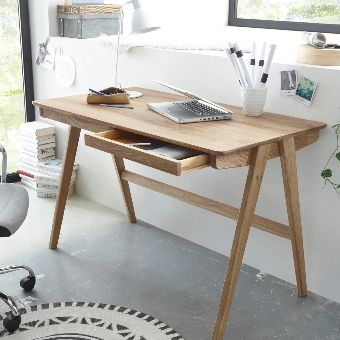 Bureau 2 tiroirs en bois massif chêne clair - BU16008