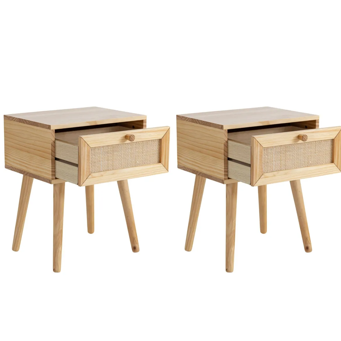 Chambre complète lit cannage avec commode et 2 chevets bois naturel ANNA